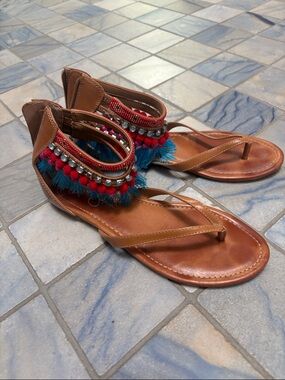 Jessica Simpson Brown Leather Thong Sandals with Blue Fringe and Red Bead Trim